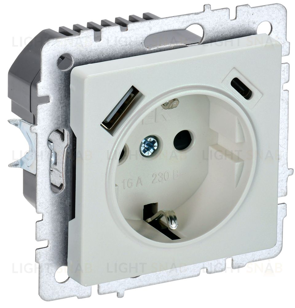 Розетка с заземлением с защитными шторками 16А с USB A+C 18Вт IEK Brite жемчужный BR-R14-16-U22-018-K36 BR-R14-16-U22-018-K36