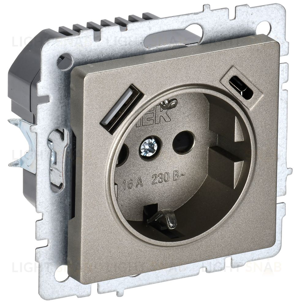 Розетка с заземлением с защитными шторками 16А с USB A+C 18Вт IEK Brite шампань BR-R14-16-U22-018-K37 BR-R14-16-U22-018-K37