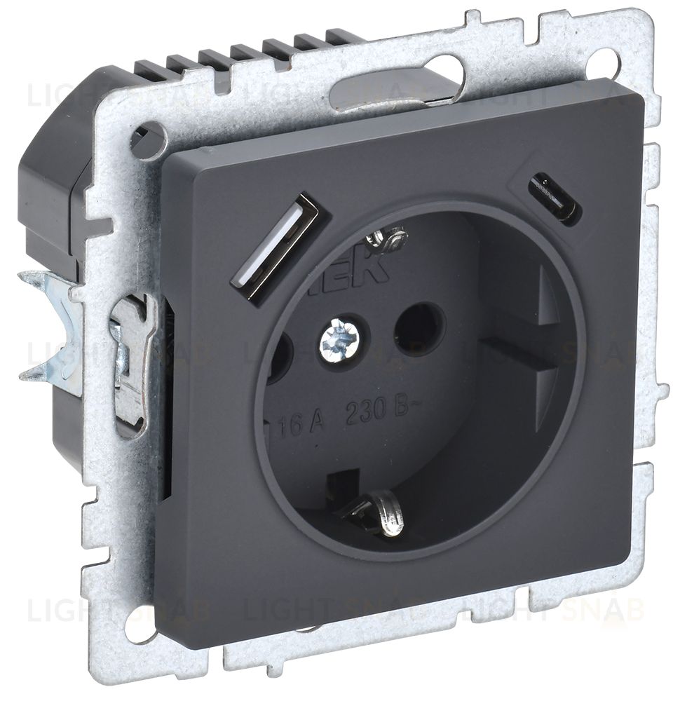 Розетка с заземлением с защитными шторками 16А с USB A+C 18Вт IEK Brite графит BR-R14-16-U22-018-K53 BR-R14-16-U22-018-K53
