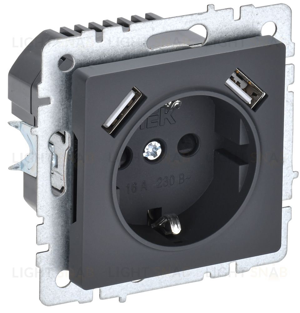 Розетка с заземлением с защитными шторками 16А с USB A+A 5В 3,1А IEK Brite графит BR-R14-16-U21-D31-K53 BR-R14-16-U21-D31-K53