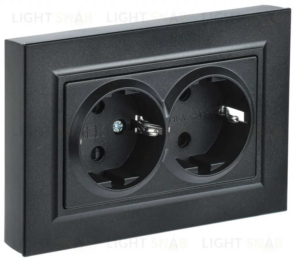 Розетка двойная с заземлением в сборе с рамкой IEK Brite, 16A/250В, черный BR-R21-16-K02-F BR-R21-16-K02-F