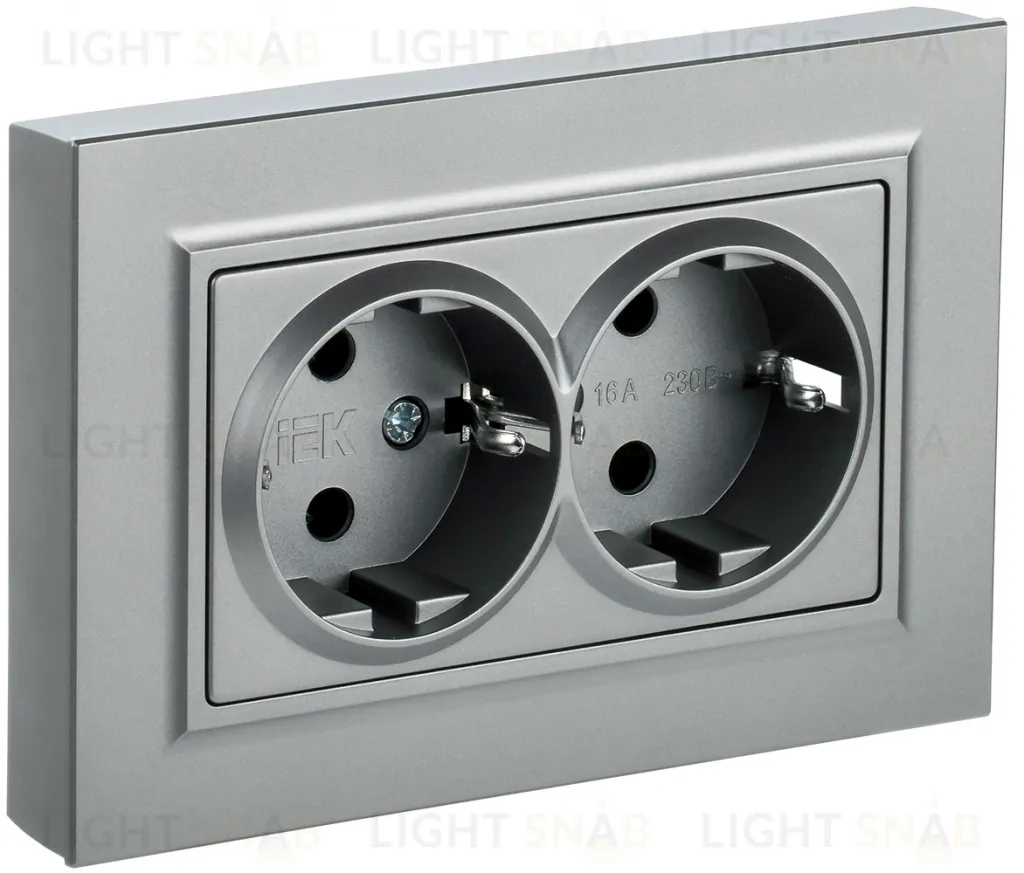 Розетка двойная с заземлением в сборе с рамкой IEK Brite, 16A/250В, алюминий BR-R21-16-K47-F BR-R21-16-K47-F