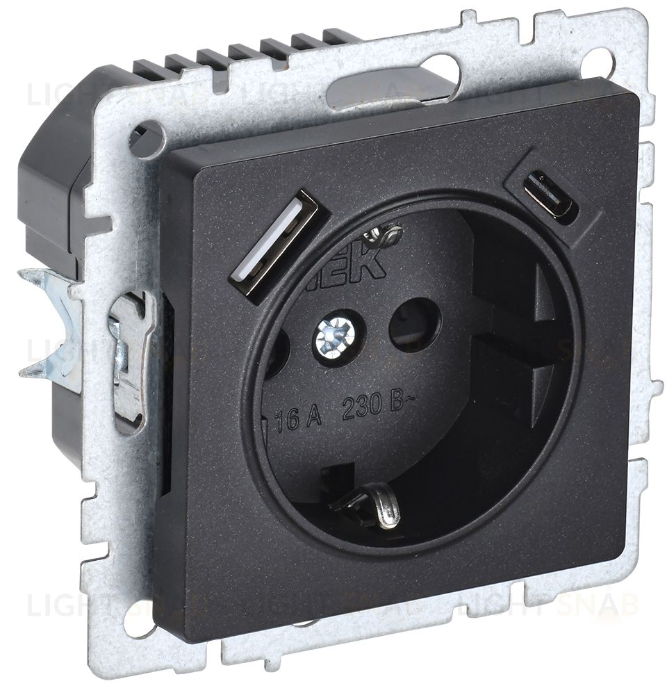 Розетка с заземлением с защитными шторками 16А с USB A+C 18Вт IEK Brite черный BR-R14-16-U22-018-K02 BR-R14-16-U22-018-K02