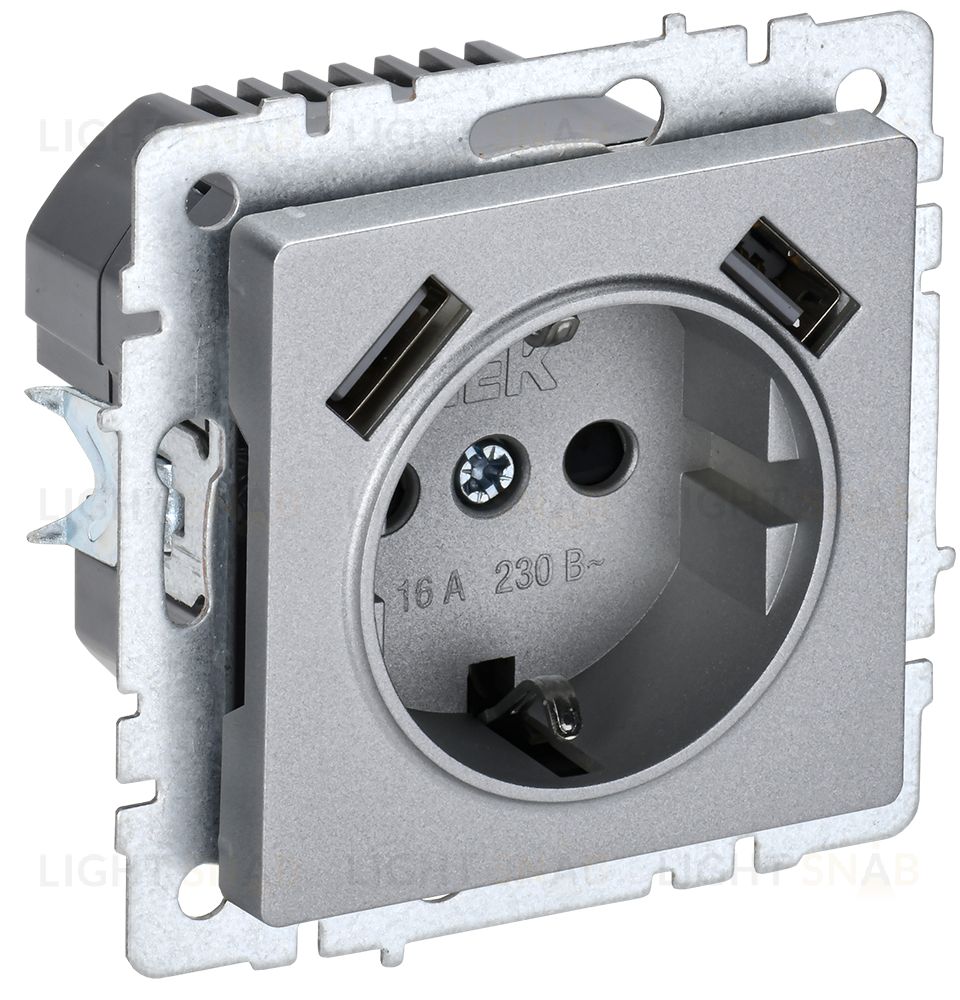 Розетка с заземлением с защитными шторками 16А с USB A+A 5В 2,1А IEK Brite алюминий BR-R14-16-U21-D21-K47 BR-R14-16-U21-D21-K47