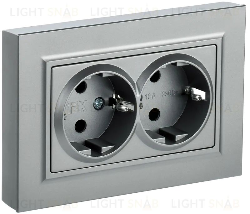 Розетка двойная с заземлением со шторками в сборе с рамкой IEK Brite, 16A/250В, алюминий BR-R24-16-K47-F BR-R24-16-K47-F