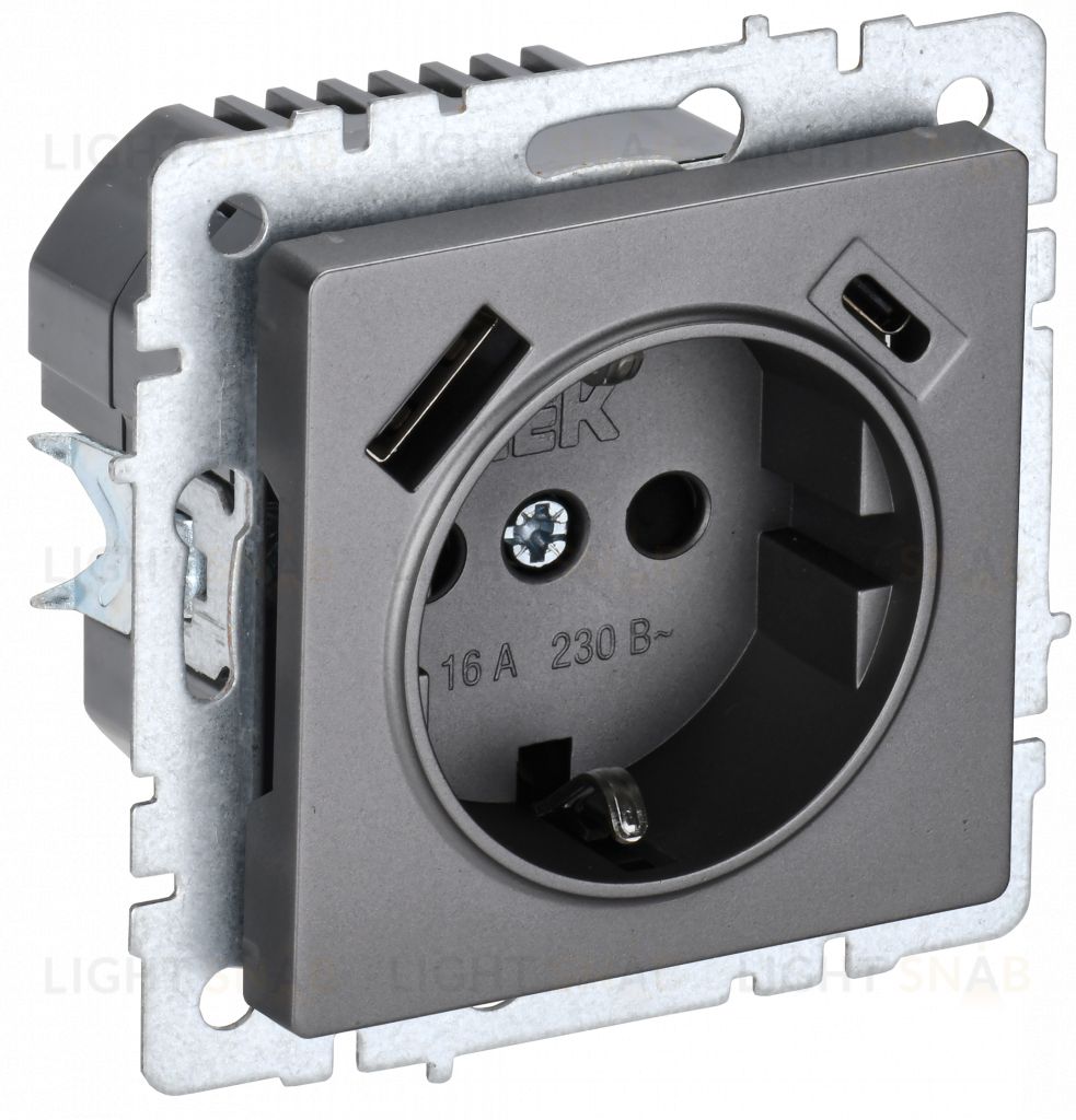Розетка с заземлением с защитными шторками 16А с USB A+C 18Вт IEK Brite сталь BR-R14-16-U22-018-K46 BR-R14-16-U22-018-K46