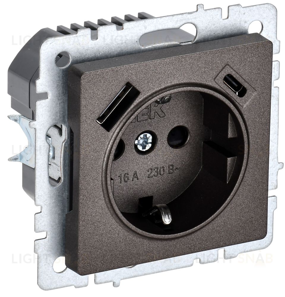 Розетка с заземлением с защитными шторками 16А с USB A+C 18Вт IEK Brite темная бронза BR-R14-16-U22-018-K45 BR-R14-16-U22-018-K45