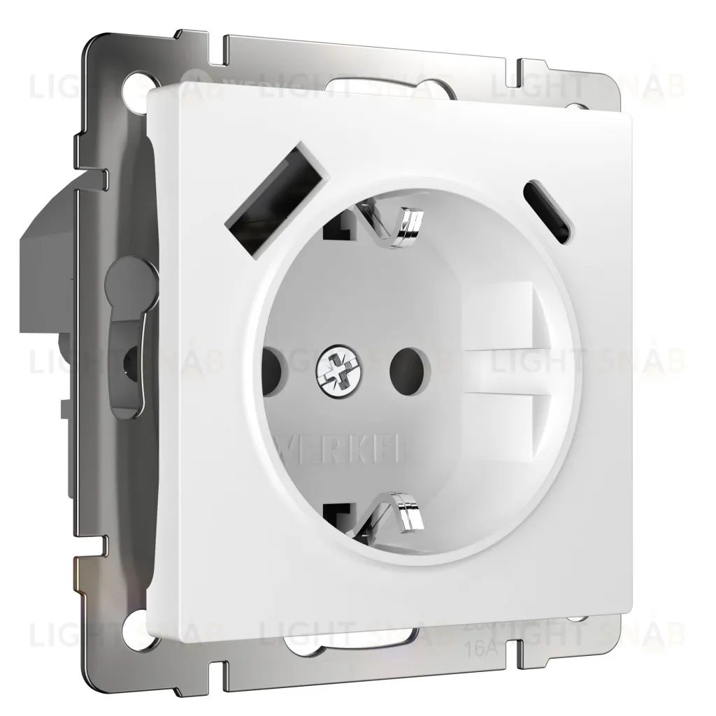 Розетка с заземлением, шторками и USB Type A+С 16A/3А/250В, винтовой зажим Werkel, белый a056272 a056272