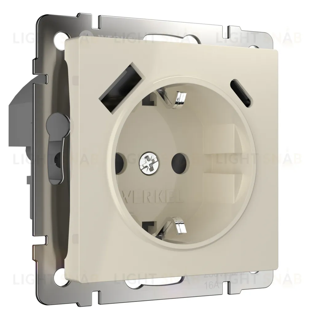 Розетка с заземлением, шторками и USB Type A+С, 16A/3А/250В, винтовой зажим Werkel, слоновая кость a056273 a056273