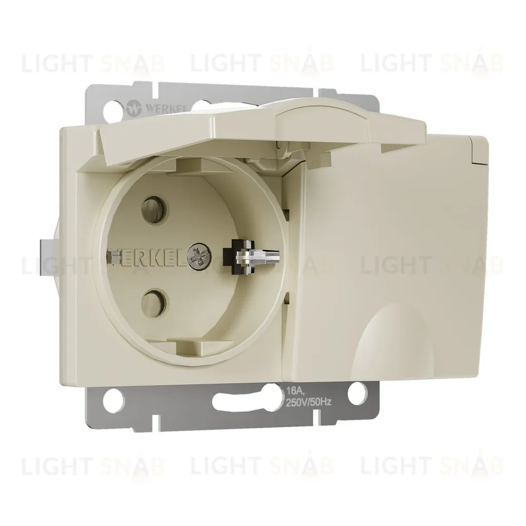 Розетка двойная с заземлением со шторками и крышкой 16A/250В, винтовой зажим Werkel, слоновая кость a057279 a057279