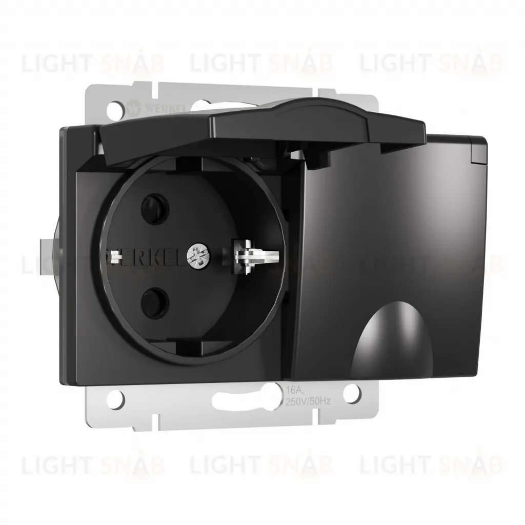 Розетка двойная с заземлением со шторками и крышкой 16A/250В, винтовой зажим Werkel, черный матовый a057286 a057286