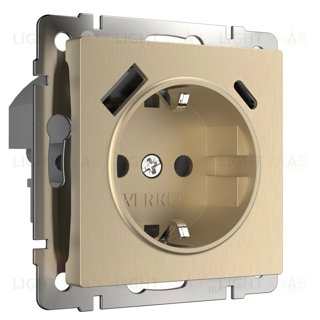 Розетка с заземлением, шторками и USB Type A+С, 16A/3А/250В, винтовой зажим Werkel, шампань рифленый a056276 a056276