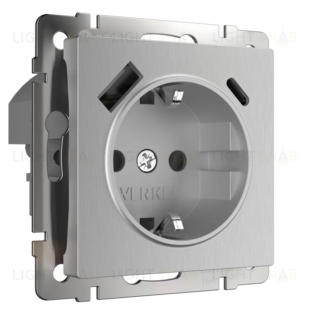 Розетка с заземлением, шторками и USB Type A+С, 16A/3А/250В, винтовой зажим Werkel, серебряный рифленый a056277 a056277