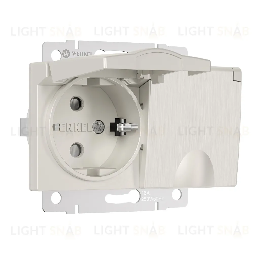 Розетка двойная с заземлением со шторками и крышкой 16A/250В, винтовой зажим Werkel, перламутровый рифленый a057289 a057289