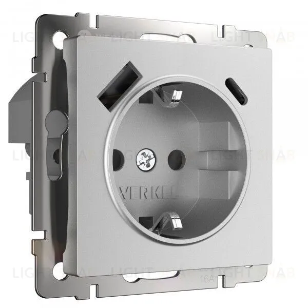 Розетка с заземлением, шторками и USB Type A+С, 16A/3А/250В, винтовой зажим Werkel, серебряный матовый a063618 a063618
