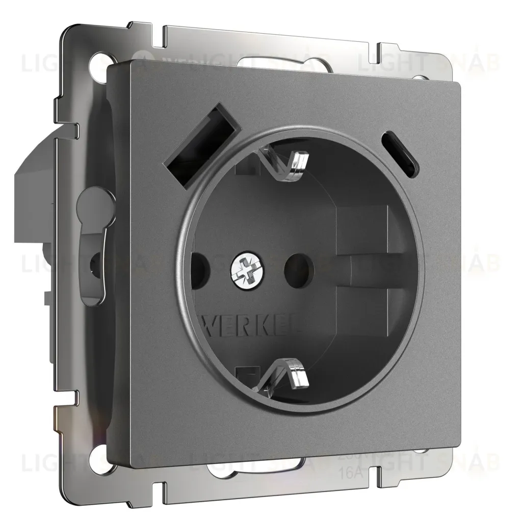 Розетка с заземлением, шторками и USB Type A+С, 16A/3А/250В, винтовой зажим Werkel, графит матовый a063106 a063106