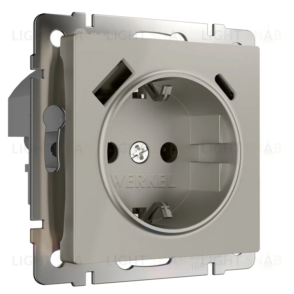 Розетка с заземлением, шторками и USB Type A+С 16A/3А/250В, винтовой зажим Werkel, дымчатый a069465 a069465