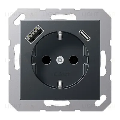Розетка с заземлением + USB тип A+C, Jung 16А/250В антрацит матовый A1520-15CAANM A1520-15CAANM