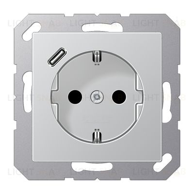 Розетка с заземлением + USB тип C, Jung 16А/250В алюминий A1520-18CAL A1520-18CAL