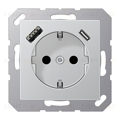 Розетка с заземлением + USB тип A+C, Jung 16А/250В алюминий A1520-15CAAL A1520-15CAAL