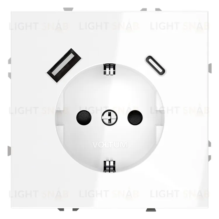 Розетка с заземлением, шторками и 2USB A+С, (5, 9, 12В/3А) Voltum S70 16А, белый глянцевый VLS040501 VLS040501