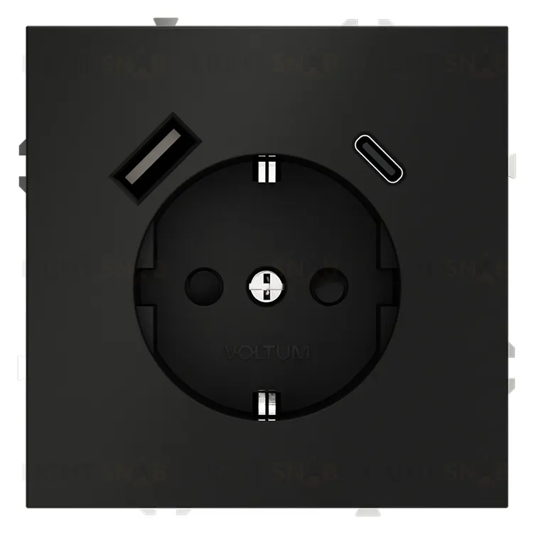 Розетка с заземлением, шторками и 2USB A+С, (5, 9, 12В/3А) Voltum S70 16А, черный матовый VLS040508 VLS040508