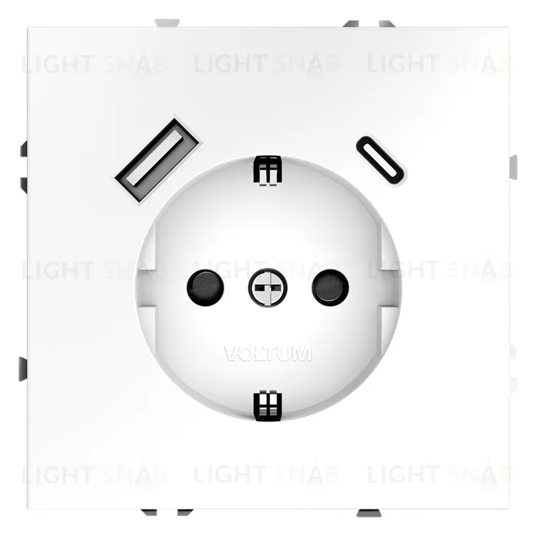 Розетка с заземлением, шторками и 2USB A+С, (5, 9, 12В/3А) Voltum S70 16А, белый матовый VLS040502 VLS040502