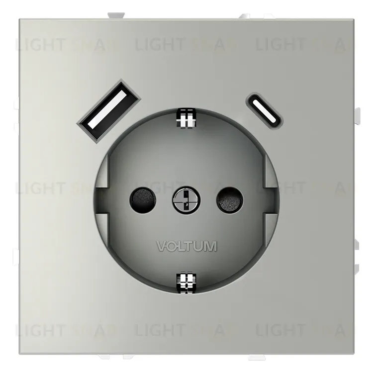 Розетка с заземлением, шторками и 2USB A+С, (5, 9, 12В/3А) Voltum S70 16А, сталь VLS040505 VLS040505