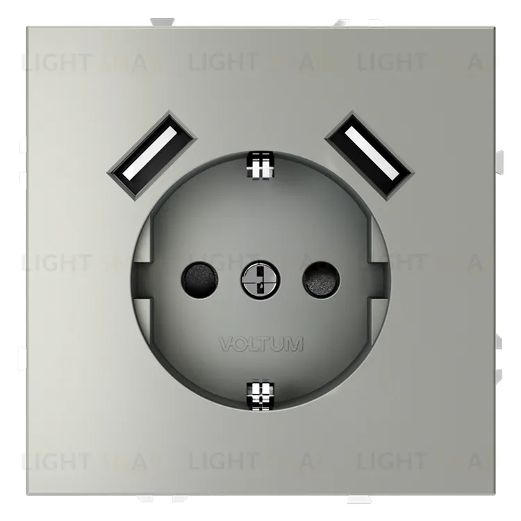 Розетка с заземлением, шторками и 2 USB A+A, 5В/3А, Voltum S70 16А, сталь VLS040405 VLS040405