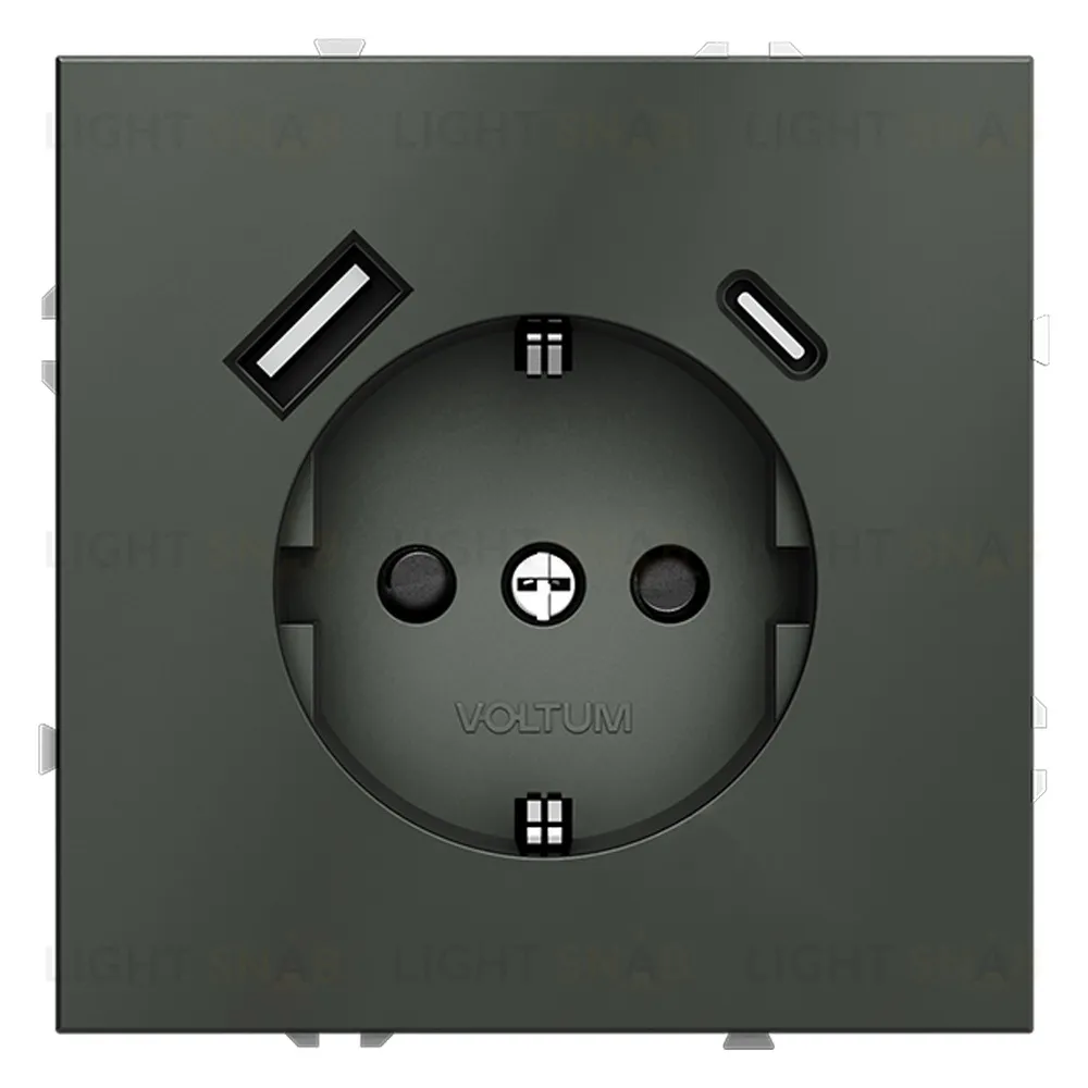 Розетка с заземлением, шторками и 2USB A+С, (5, 9, 12В/3А) Voltum S70 16А, титан VLS040506 VLS040506