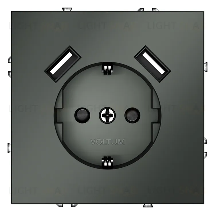 Розетка с заземлением, шторками и 2 USB A+A, 5В/3А, Voltum S70 16А, титан VLS040406 VLS040406