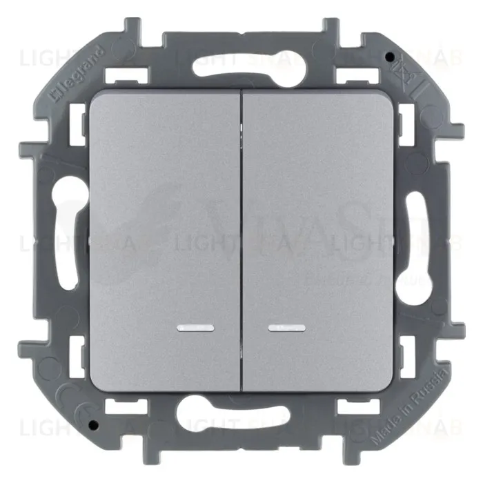 Выключатель двухклавишный проходной с подсветкой Daccord (Legrand) INSPIRIA 10A/250В, алюминий 673667 673667