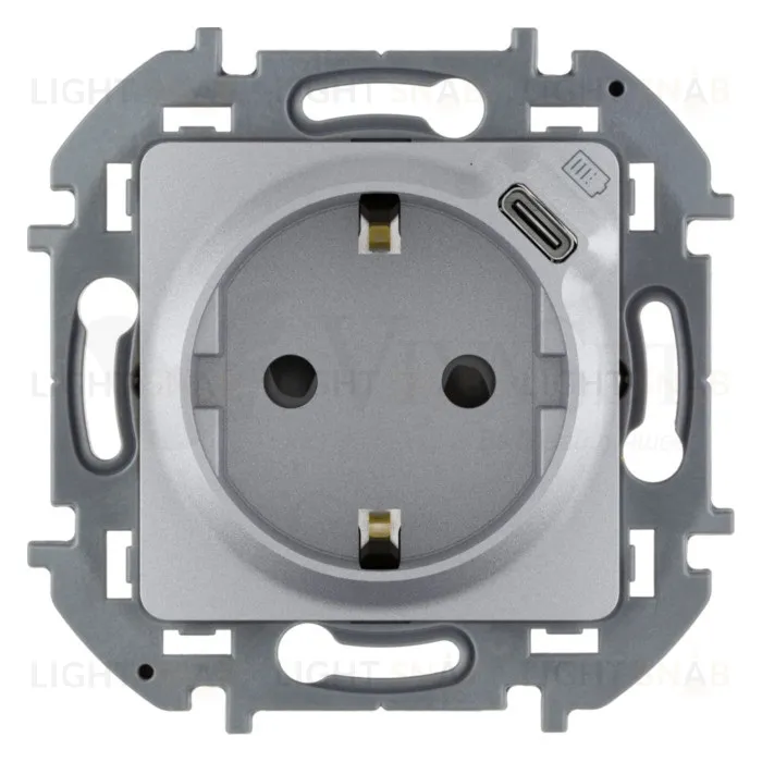 Розетка с заземлением со шторками 16A/250В с USB тип C 1.5А 5В Daccord (Legrand) INSPIRIA алюминий 673772 673772