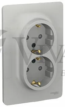 Розетка двойная монолитная с заземлением со шторками 16A/250 В, винтовой зажим Schneider Unica New, алюминий NU206730 NU206730