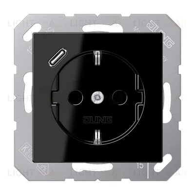 Розетка с заземлением + USB тип C, Jung 16А/250В черный глянцевый A1520-18CSW A1520-18CSW