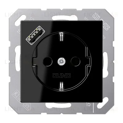 Розетка с заземлением + USB тип A, Jung 16А/250В черный глянцевый A1520-18ASW A1520-18ASW