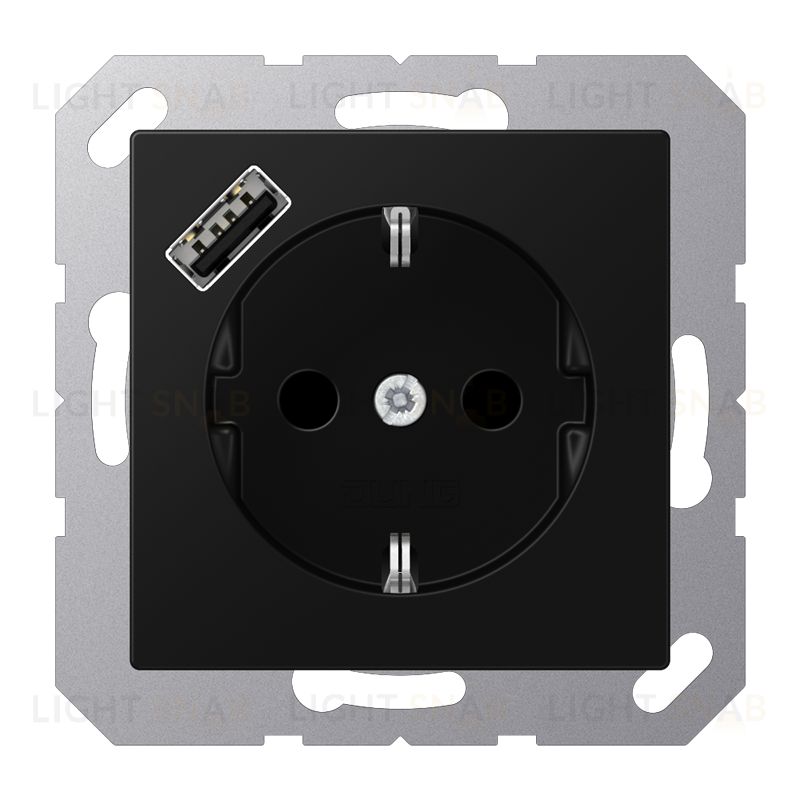 Розетка с заземлением + USB тип A, Jung 16А/250В черный матовый A1520-18ASWM A1520-18ASWM