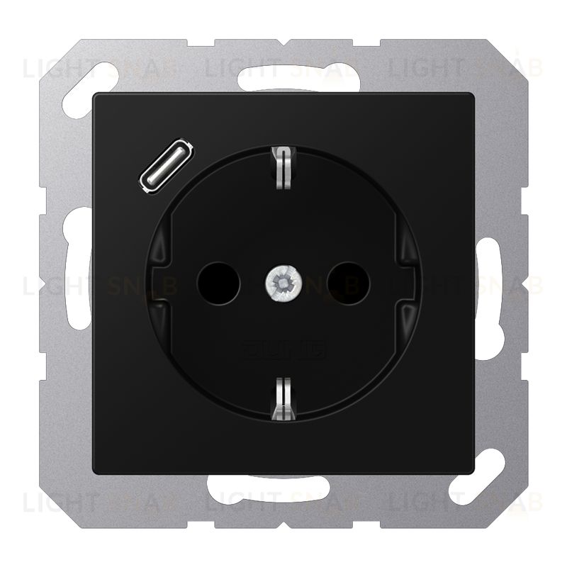 Розетка с заземлением + USB тип C, Jung 16А/250В черный матовый A1520-18CSWM A1520-18CSWM