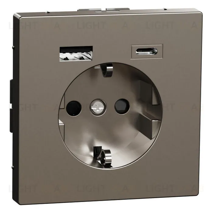 Розетка с заземлением с 2 USB А+С 3А и защитными шторками 16А/250В Merten D-life, нержавеющая сталь MTN2367-6036 MTN2367-6036