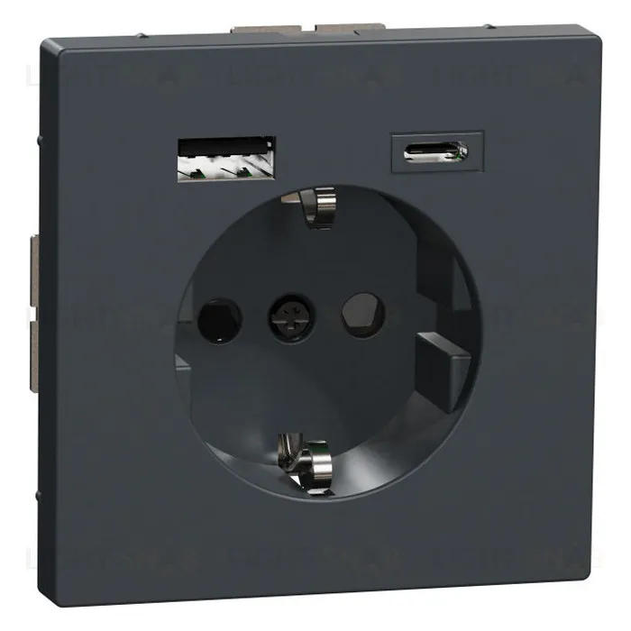 Розетка с заземлением с 2 USB А+С 3А и защитными шторками 16А/250В Merten D-life, антрацит MTN2367-6034 MTN2367-6034