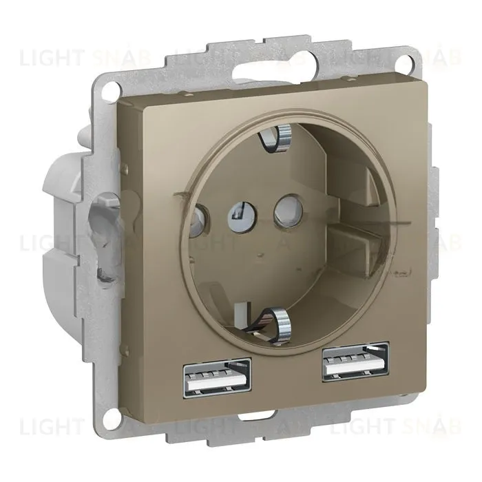 Розетка с заземлением и с 2 USB A+A, 2х5В/1,2А, Schneider Electric Atlasdesign 16А, шампань ATN000530 ATN000530