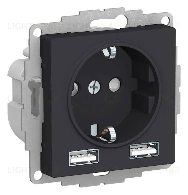 Розетка с заземлением и с 2 USB A+A, 2х5В/1,2А, Schneider Electric Atlasdesign 16А, карбон ATN001030 ATN001030
