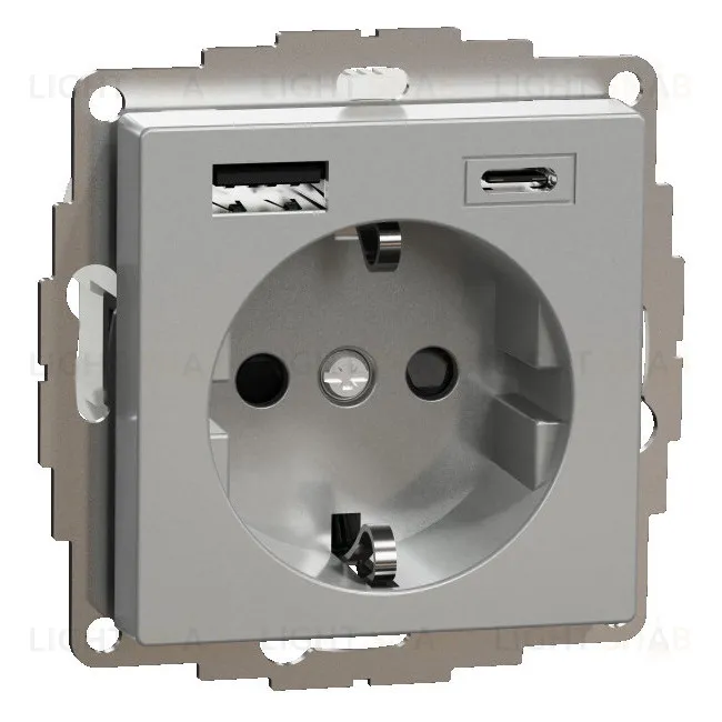Розетка с заземлением с 2 USB A+C 3А и защитными шторками 16А/250В Merten, алюминий MTN2367-0460 MTN2367-0460