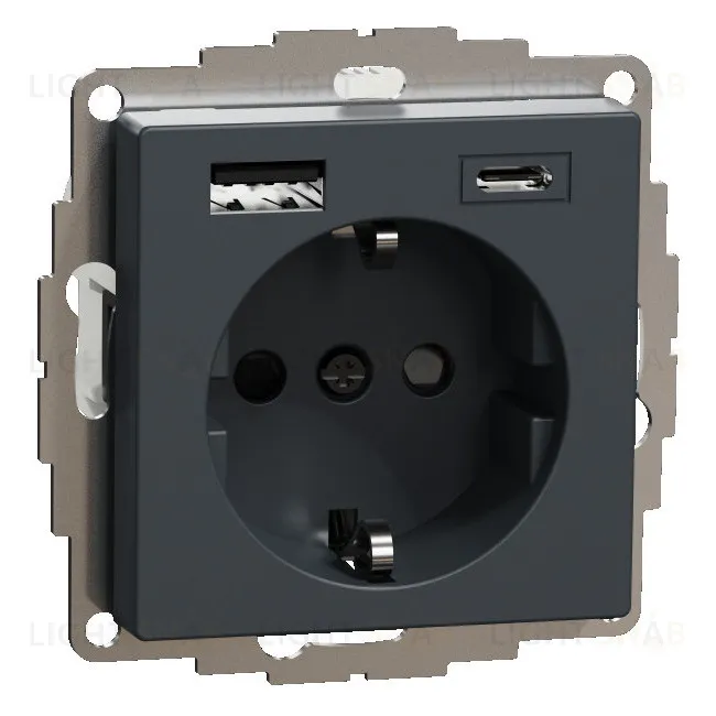 Розетка с заземлением с 2 USB A+C 3А и защитными шторками 16А/250В Merten, антрацит MTN2367-0414 MTN2367-0414