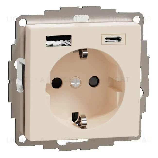 Розетка с заземлением с 2 USB A+C 3А и защитными шторками 16А/250В Merten, кремовый глянцевый MTN2367-0344 MTN2367-0344