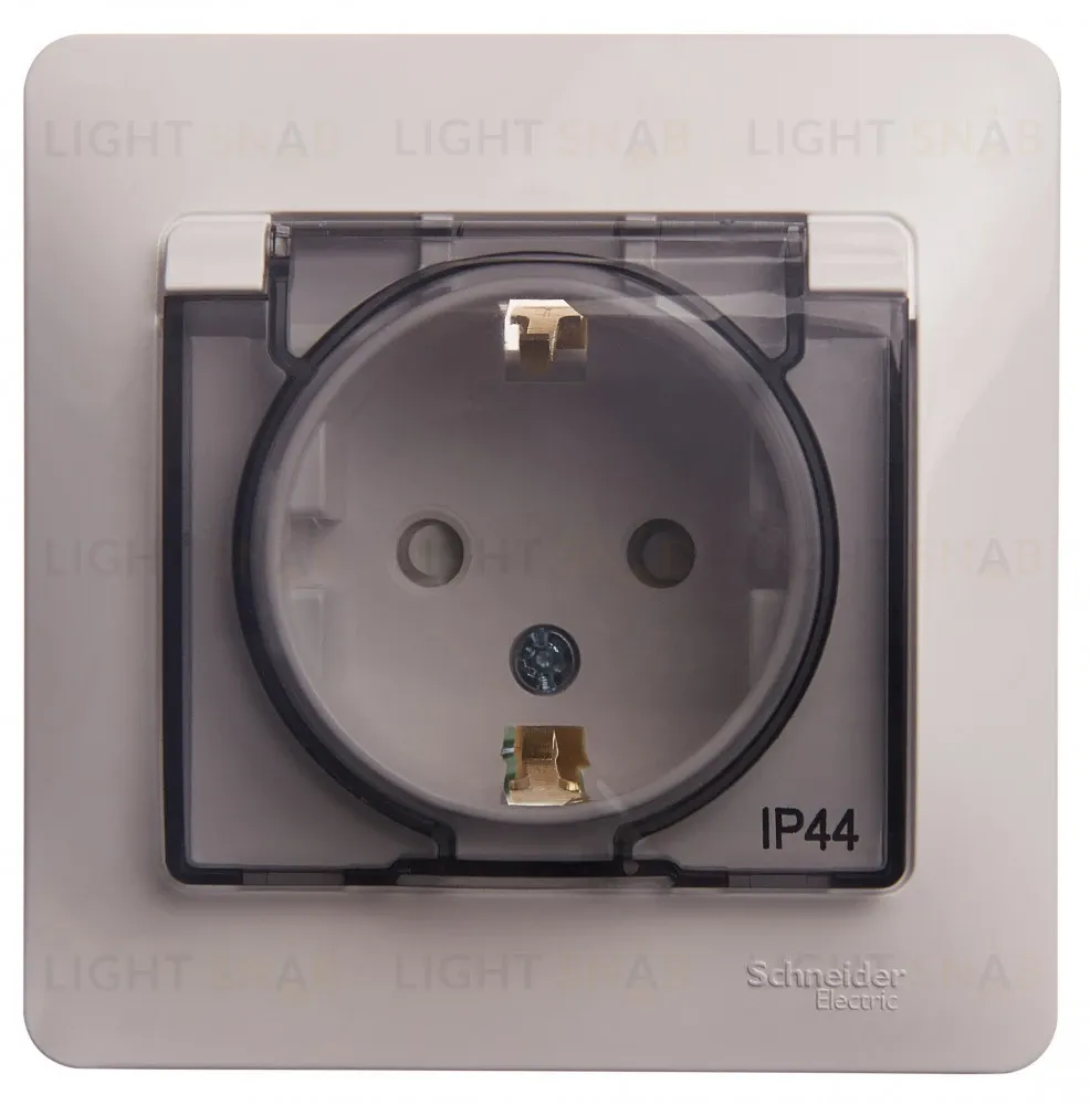 Розетка в сборе с рамкой с заземлением со шторками и крышкой Schneider Electric Glossa, IP44 16А/250В, белый GSL000148 GSL000148