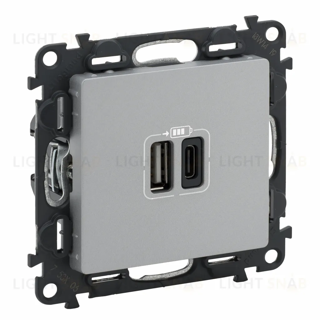 Розетка USB двойная для зарядки тип А+С 240В/5В 3000мА Legrand Valena Life, алюминий 753306 753306