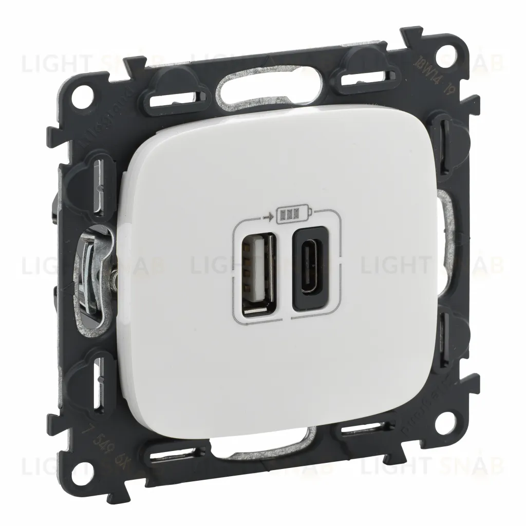 Розетка USB двойная для зарядки тип А+С 240В/5В 3000мА Legrand Valena Allure, белый 754965 754965