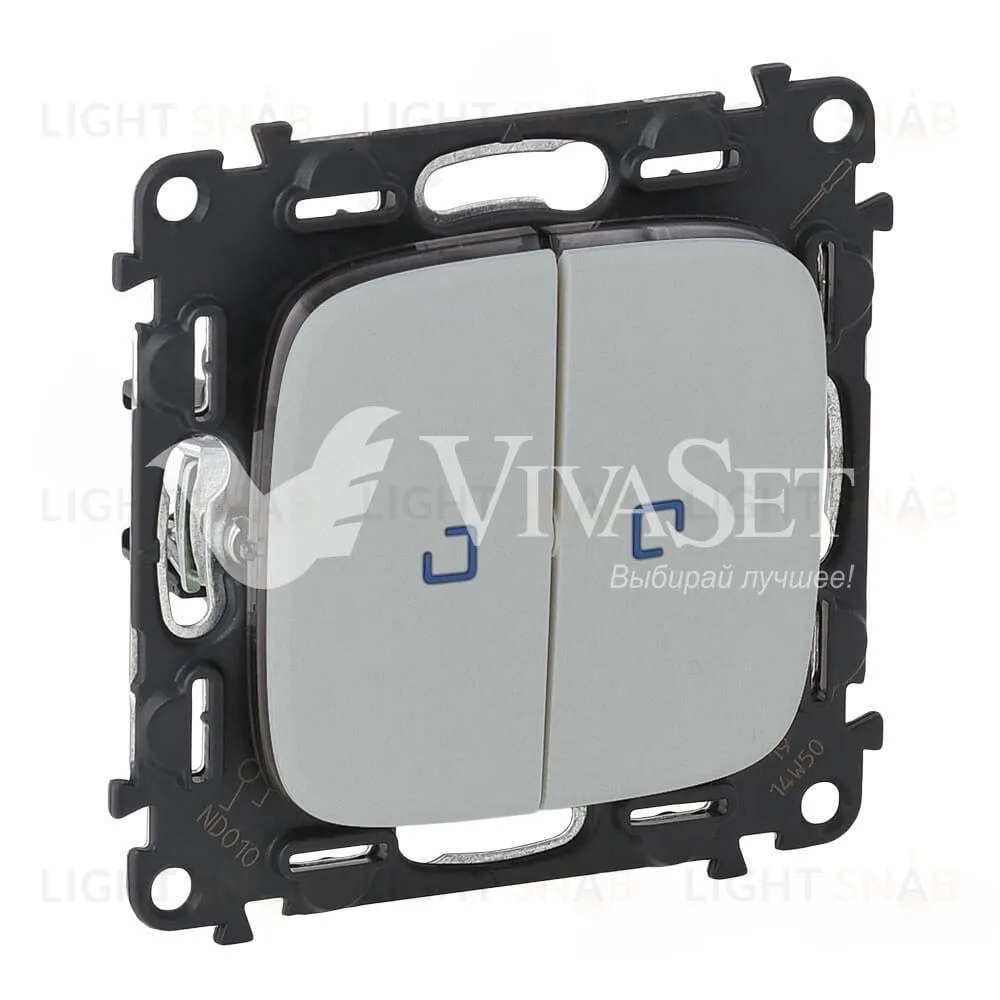 Двухклавишный кнопочный выключатель с подсветкой Legrand Valena Allure 6А/250В алюминий 752018+67686+67686+755227 752018 + 67686 + 755227