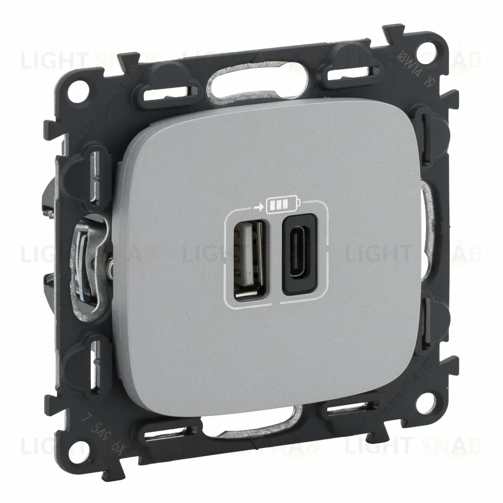 Розетка USB двойная для зарядки тип А+С 240В/5В 3000мА Legrand Valena Allure, алюминий 754967 754967